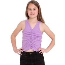 Sıfır Kol V Yaka Büzgülü Lila Renk Kız Çocuk Tshirt