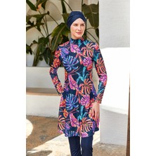 Likralı Tam Kapalı Tesettür Mayo Desenli 3108 Koyu Lacivert