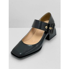 Lescarpe 343 Siyah Kırışık Cilt Küt Burunlu Mary Jane Orta Topuklu Kadın Ayakkabı