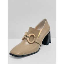 Lescarpe 767 Vizon Cilt Süet Tokalı Kalın Topuklu Kadın Ayakkabı