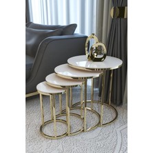 Elegante Serisi Gold Metal Ayaklı 4 Lü Sehpa Seti Parlak Gold Krem Mdf Tabla
