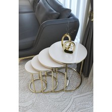 Elegante Serisi Gold Metal Ayaklı 4 Lü Sehpa Seti Parlak Gold Krem Mdf Tabla