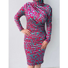 Kadın Kadife  Büzgülü Balıkçı Yaka Mavi-Pembe Desenli Uzun Kollu Büzgülü Elbise