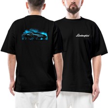 Lamborghni Black Neon Ön Arka Baskılı Siyah Oversize Tişört