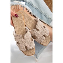 Kadın Slipcat Örgülü Desenli Bej Hasırlı Terlik Ortopedik Taban