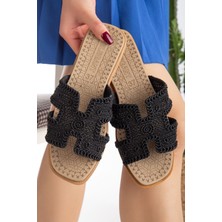 Slipcat Kadın Hasırlı Terlik Örgülü Desenli Düz Topuklu Rahatlık ve Şıklık İçin İdeal