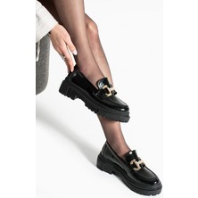 Loafer Günlük Kadın Parlak Siyah Taş Detaylı Rahat Ayakkabı