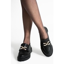 Loafer Günlük Kadın Siyah Taş Detaylı Rahat Ayakkabı