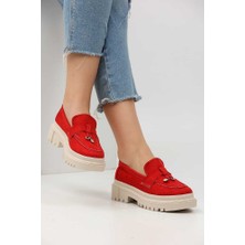 Loafer Kadın Süet Kırmızı Tokalı Günlük Ayakkabı