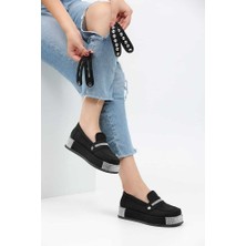 Platform Topuklu Taşlı Loafers Günlük Kadın Süet Siyah Ayakkabı
