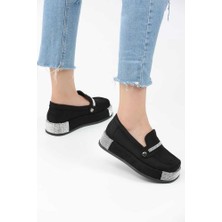 Platform Topuklu Taşlı Loafers Günlük Kadın Süet Siyah Ayakkabı
