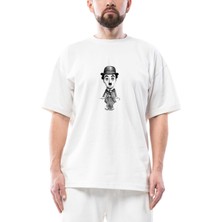 Charlie Chaplin Karikatür Oversize Beyaz Tişört
