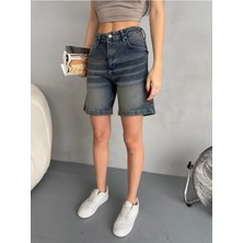 Kadın Efektli Yüksek Bel Bermuda Denim Kot Şort