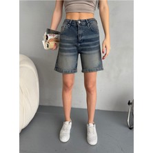 Kadın Efektli Yüksek Bel Bermuda Denim Kot Şort