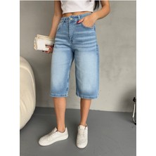 Kadın Efektli Yüksek Bel Diz Altı Baggy Bermuda Denim Şort