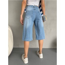 Kadın Efektli Yüksek Bel Diz Altı Baggy Bermuda Denim Şort