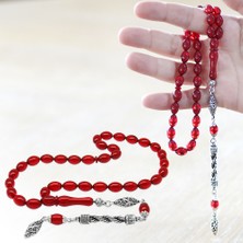 Tesbihname Kararmaz Metal Halat Püsküllü Arpa Kesim Bayrak Kırmızı Ateş Kehribar Tesbih