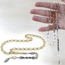 Tesbihname Kararmaz Metal Halat Püsküllü Arpa Kesim Şeffaf Beyaz Ateş Kehribar Tesbih