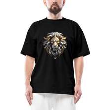 Silver And Gold Lion Oversize Siyah Tişört