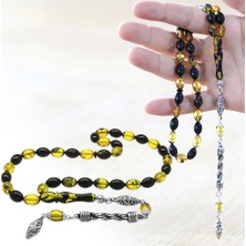 Tesbihname Kararmaz Metal Halat Püsküllü Arpa Kesim Sarı-Siyah Ateş Kehribar Tesbih