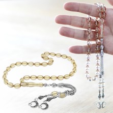 Tesbihname Kararmaz Metal Ayyıldız Püsküllü Arpa Kesim Şeffaf Beyaz Ateş Kehribar Tesbih