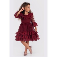 Kat Kat Güpür Dantel Kız Çocuk Abiye Elbise - Bordo