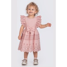 Kurdeleli Fisto Omuzlu Kolsuz Kız Çocuk Brode Elbise - Pembe