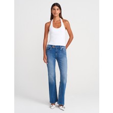 Dilvin 71971 Kalın Kemerli Bootcut Denim Pantolon-Mavi