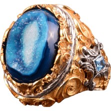 Doğal Druzy Kuvars ile Gümüş Doğum Taşı Yüzüğü - Gümüş Erkek Büyük Yüzük