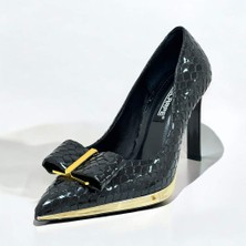 Lescarpe 5508 Siyah Cam Kırığı Altın Metal Platform Topuklu Kadın Ayakkabı