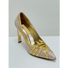 Lescarpe 5171 Altın Kroko Topuklu Kadın Ayakkabı