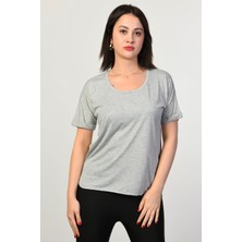 Zegy Bisiklet Yaka Kadın Tişört  - Gri Gri - 38