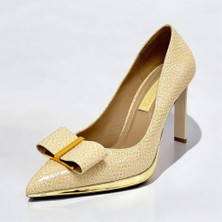 Lescarpe 5508 Bej Cam Kırığı Altın Metal Platform Topuklu Kadın Ayakkabı