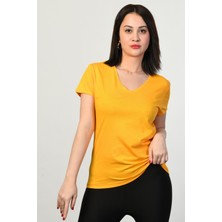 Zegy V Yaka Kısa Kollu Kadın Tişört  - Sarı Sarı - 40