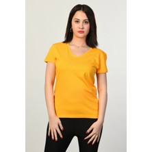 Zegy V Yaka Kısa Kollu Kadın Tişört  - Sarı Sarı - 40