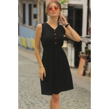 Aisha Elbise Kadın V Yakalı Önden Düğme Detay Beli Lastikli Keten Kısa Elbise