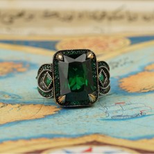 Zirkon Yeşil El Işi Zümrüt Taşlı 925 Ayar Gümüş Erkek Yüzük