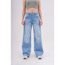 Kadın Vintage Efektli Straight Fit Baggy Jean