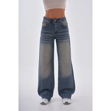 Kadın Vintage Efektli Straight Fit Baggy Jean