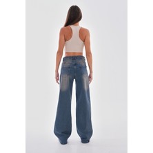 Kadın Vintage Efektli Straight Fit Baggy Jean