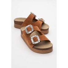 Luvi Polacca Taba Süet Taşlı Çift Bantlı Hakiki Deri Kadın Kalın Tabanlı Terlik