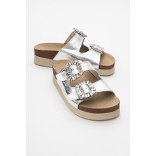 Luvi Polacca Gümüş Cilt Taşlı Çift Bantlı Hakiki Deri Kadın Kalın Tabanlı Terlik