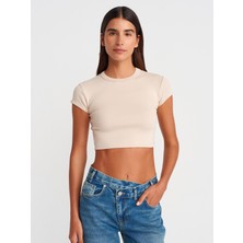 Dilvin 31810 Bisiklet Yaka Crop T-Shirt-Bej