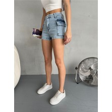 Kadın Yüksek Bel Kargo Cepli Mini Denim Şort & Bermuda