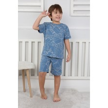 Isob Mavi Atary Desenli %100 Pamuk Erkek Çocuk Kısa Kollu Şortlu Takım 3-8 Yaş 41301-M