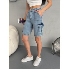 Kadın Kargo Cepli Yüksek Bel Esnek Bermuda Şort Jean