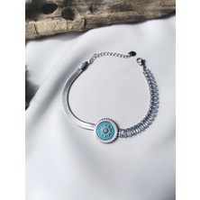 Luna Jewelry Kadın Gümüş Renkli Turkuaz Taş Detaylı 316 L Su Yolu Çelik Bileklik