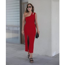 Modamuvo Kadın Kolsuz Tek Omuz Damla Detay Janjan Krep Elbise