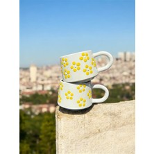 BB Design El Yapımı Sarı Papatya Kabartma Desenli 2'li Seramik Kupa