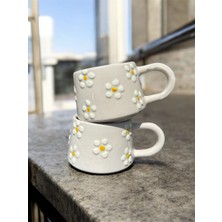BB Design El Yapımı Papatya Kabartma Desenli 2'li Seramik Kupa
